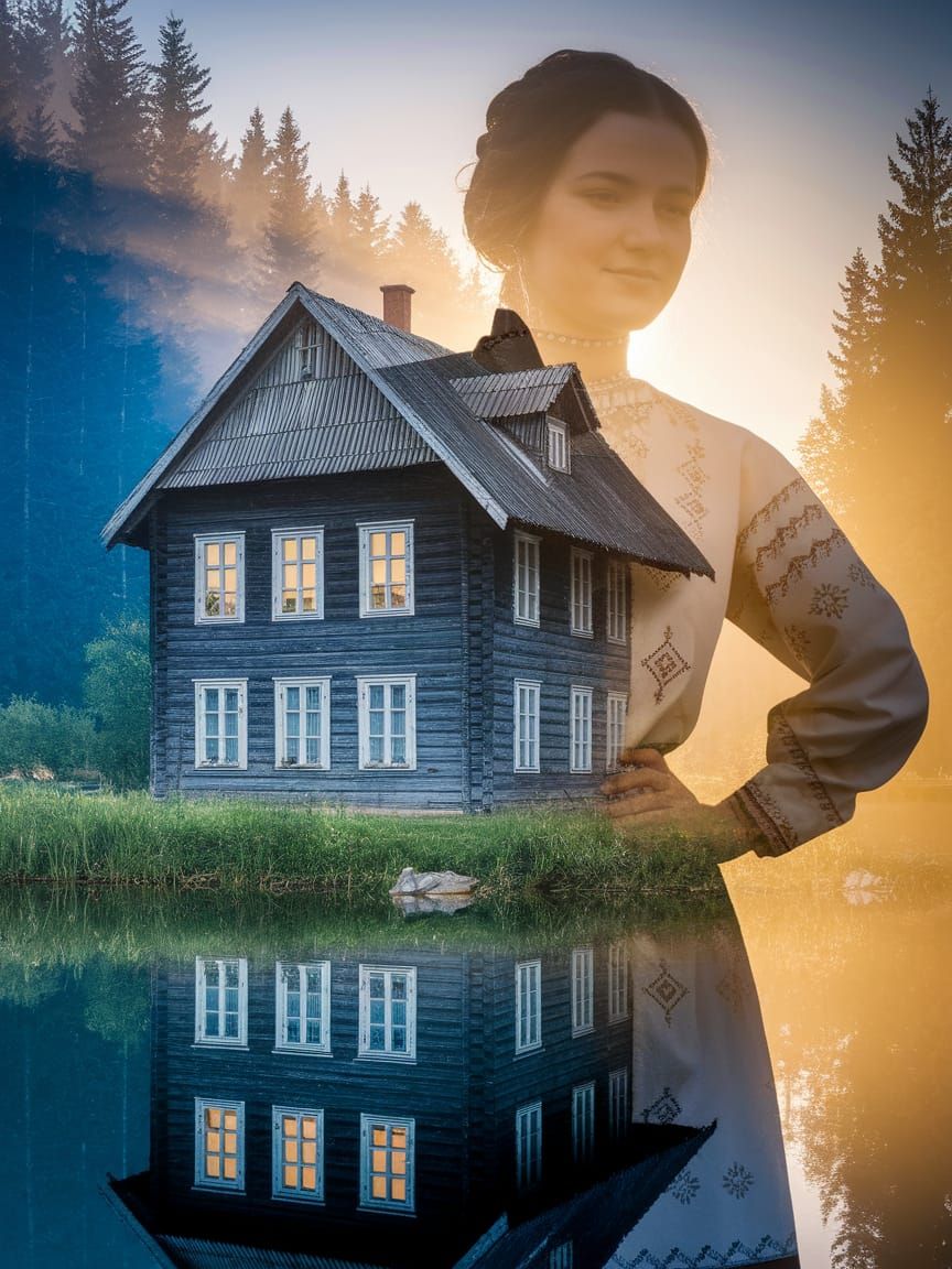 Serene Ukrainian Village Scene with Double Exposure Effect