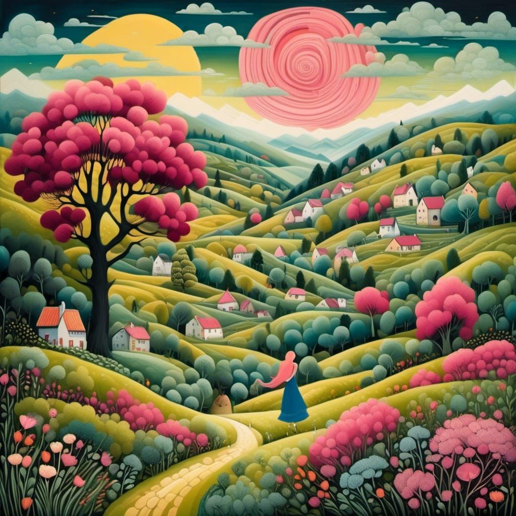 Summer Mountain Landscape in Mixed Media Art