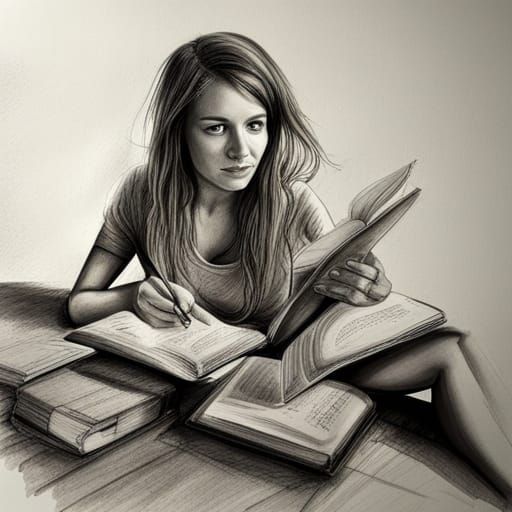 Detailed Ink Sketch of Woman Reading