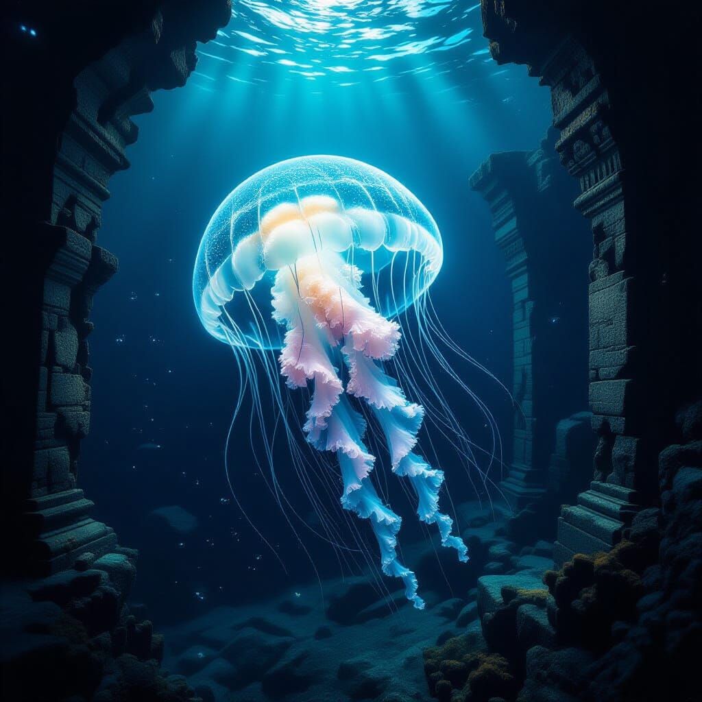 Bioluminescent Jellyfish Illuminates Deep Sea Ruins
