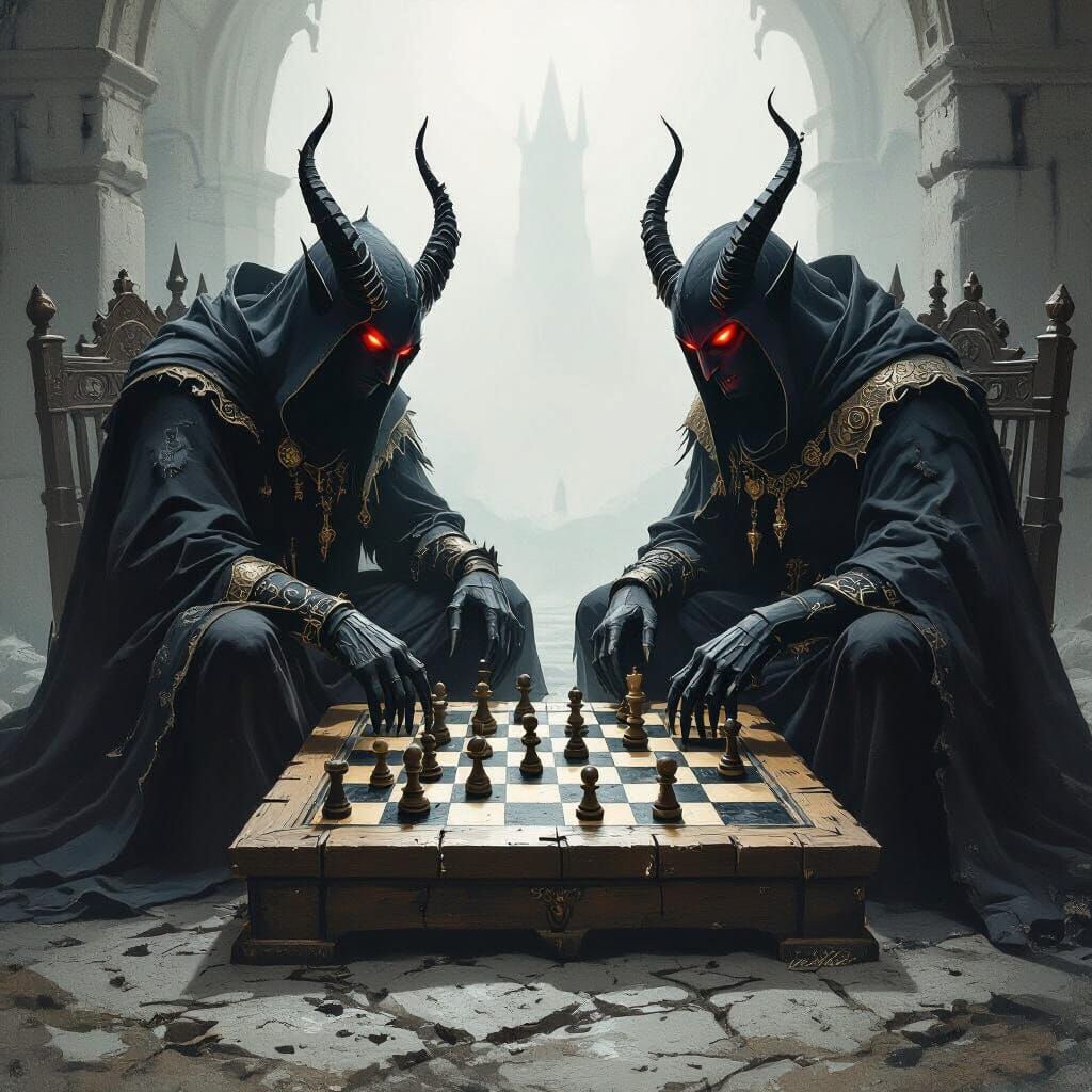 Demonic Gods Play Chess in Gothic Horror Style