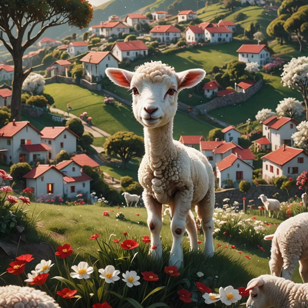 Lamb Grazing in Dreamy Garden, Matte Painting