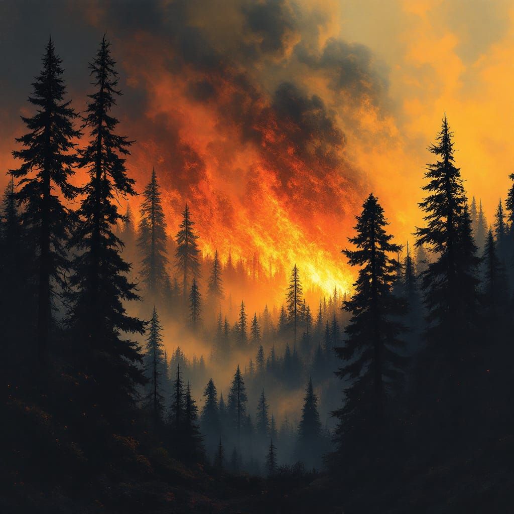 Raging Forest Fire in Dramatic Landscape Painting Style