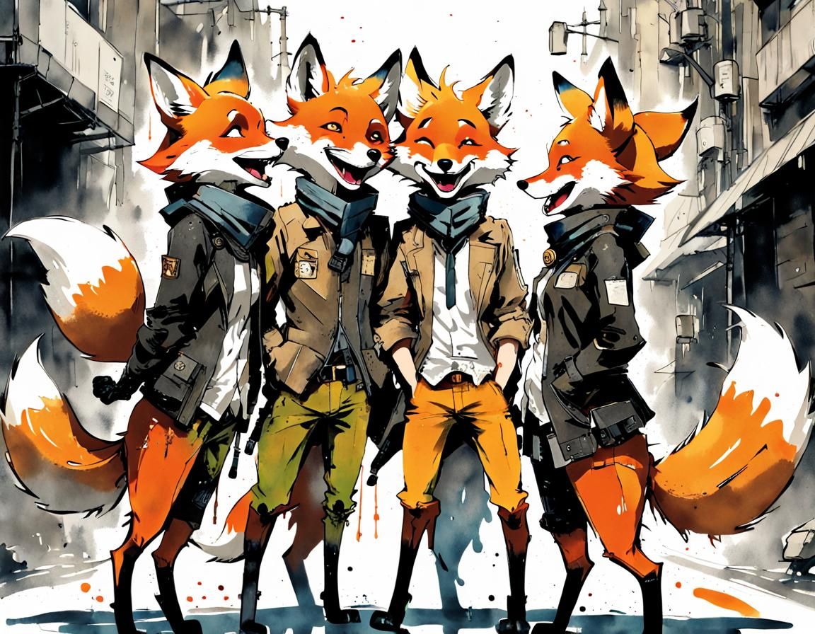 Solarpunk Foxes Laughing in Futuristic Cityscape