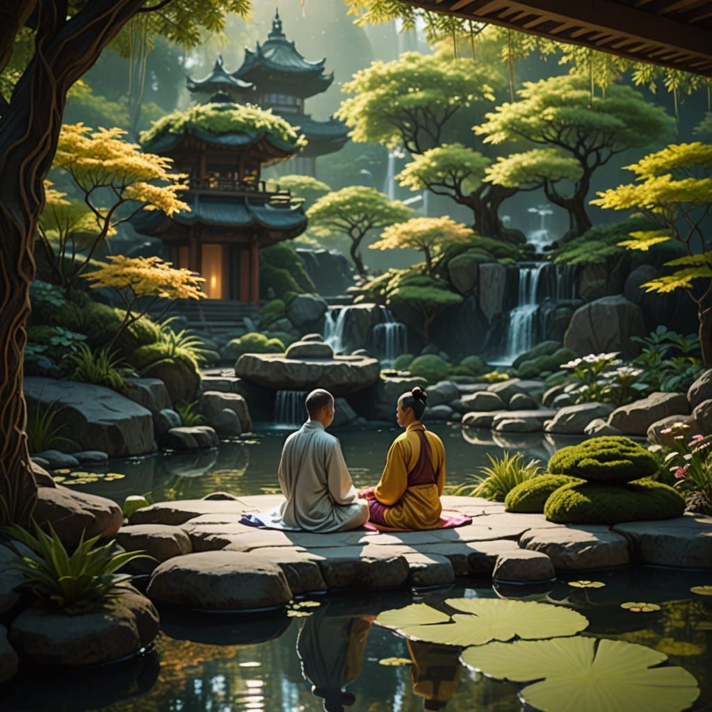 Futuristic Meditator in Vibrant Zen Garden