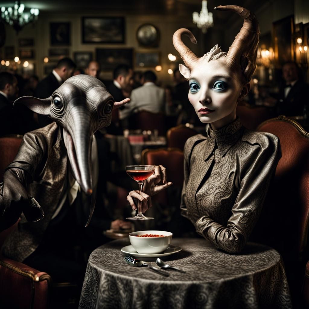 Surreal Restaurant Celebration with Exotic Aliens in Gritty ...