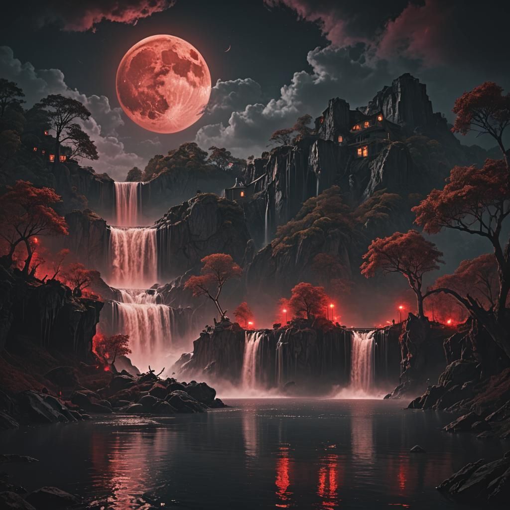 Epic Waterfall Under Red Moon at Night