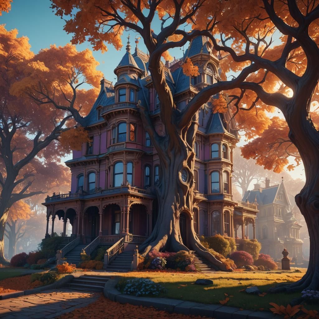 Autumn Victorian Mansion in Surreal Fantasy Landscape