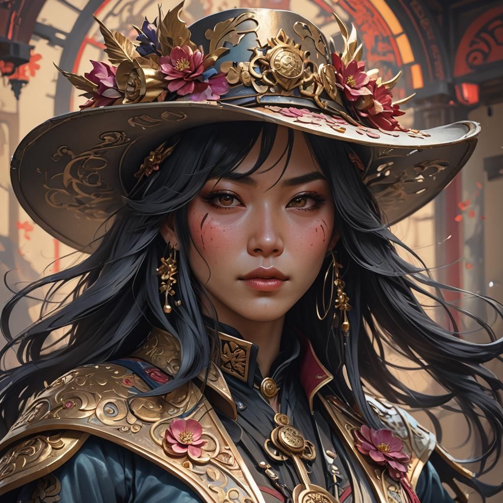 Japanese Gothic Cowgirl Portrait in Art Nouveau Style