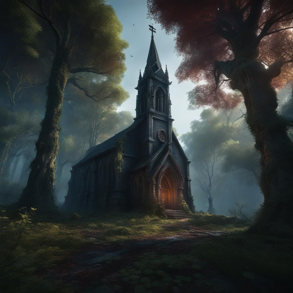 Old Church in Dark Forest: Fantasy Concept Art