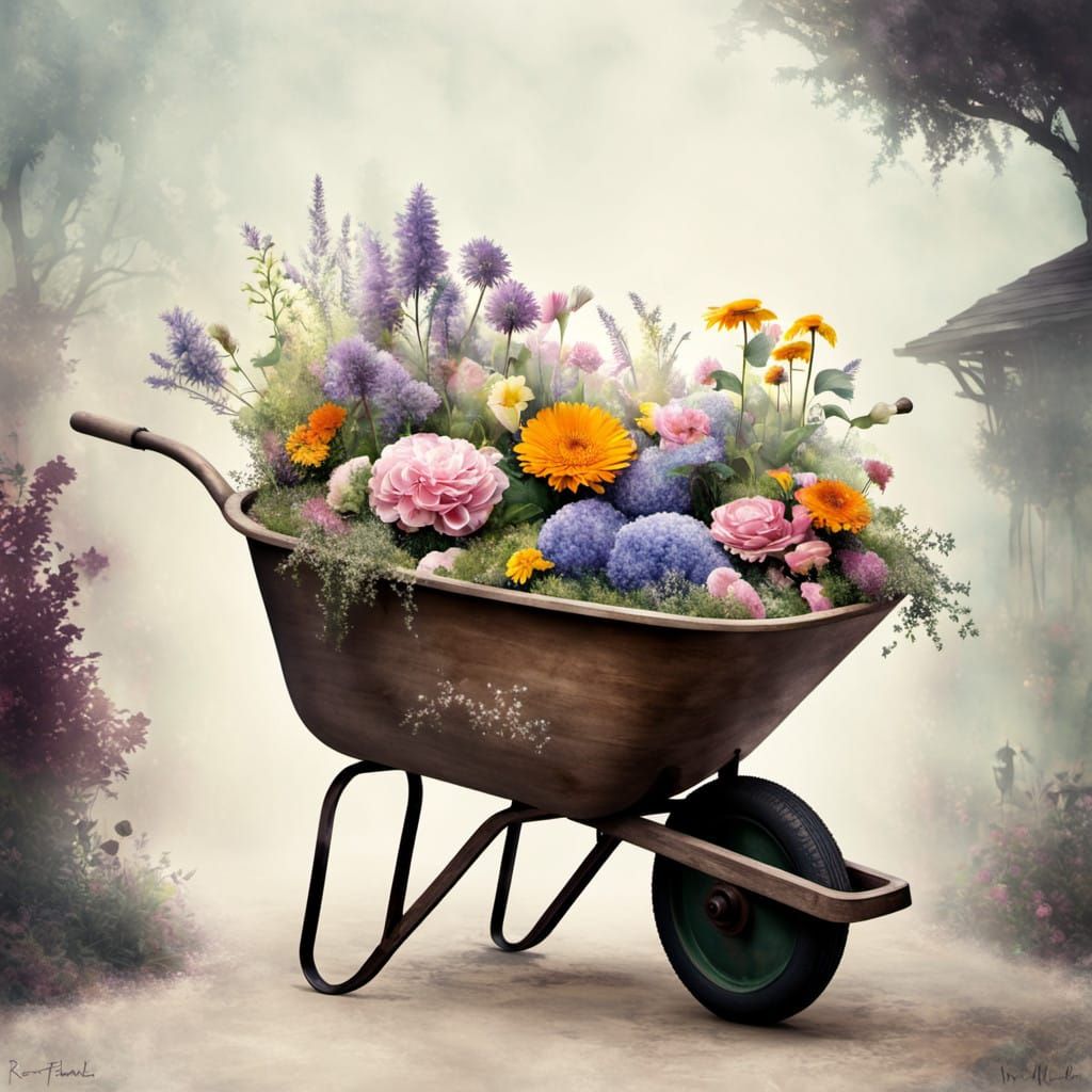Whimsical Wheelbarrow Floral Dreamscape