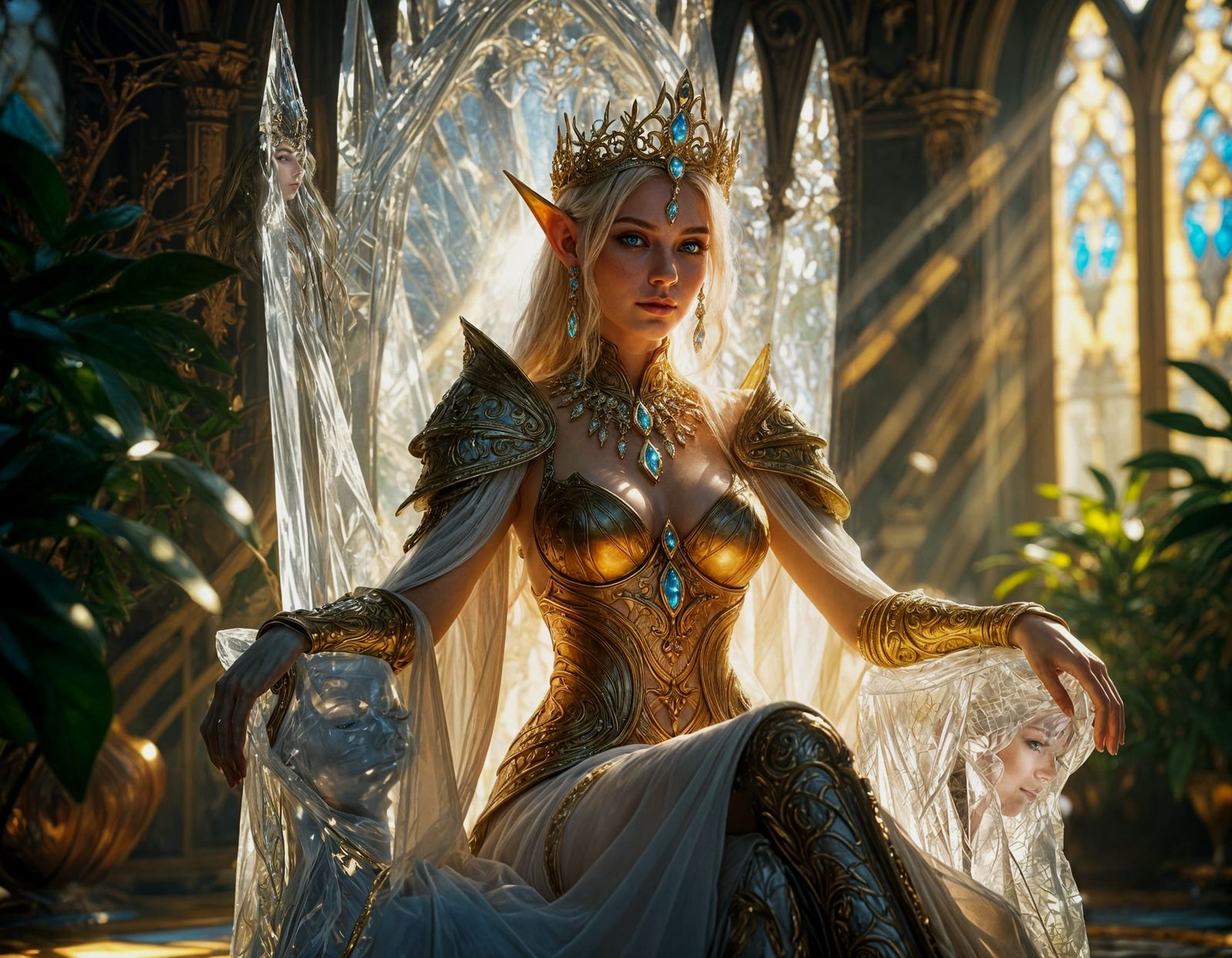 Elven Queen Portrait in Crystal Palace, Hyperrealistic Style