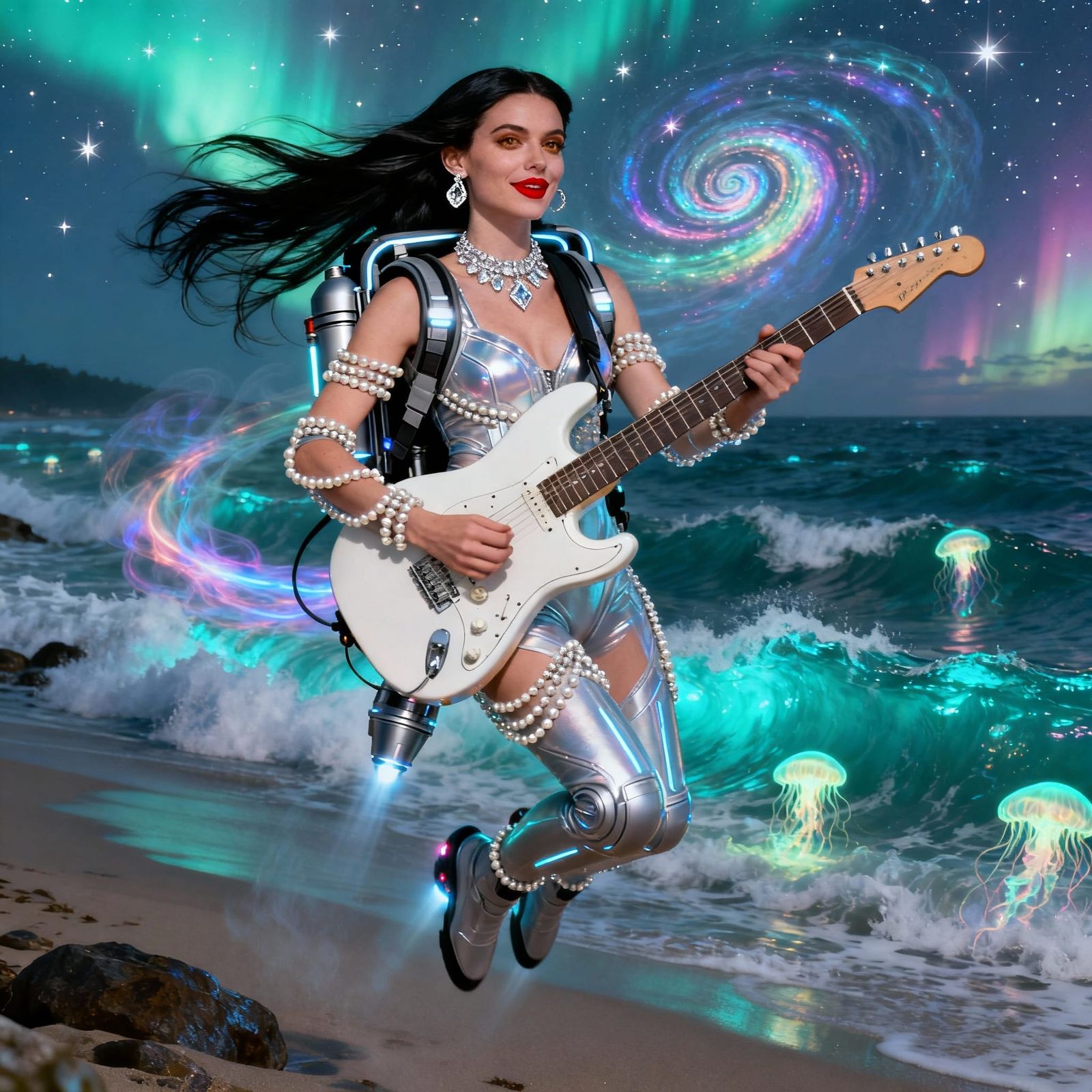 Stunning Guitarist Flies Over Ocean Under Aurora