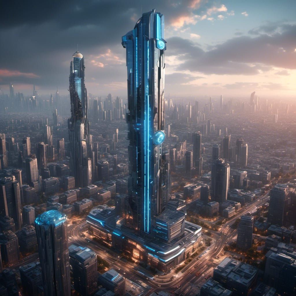 Futuristic Cityscape with Shining Technology Tower