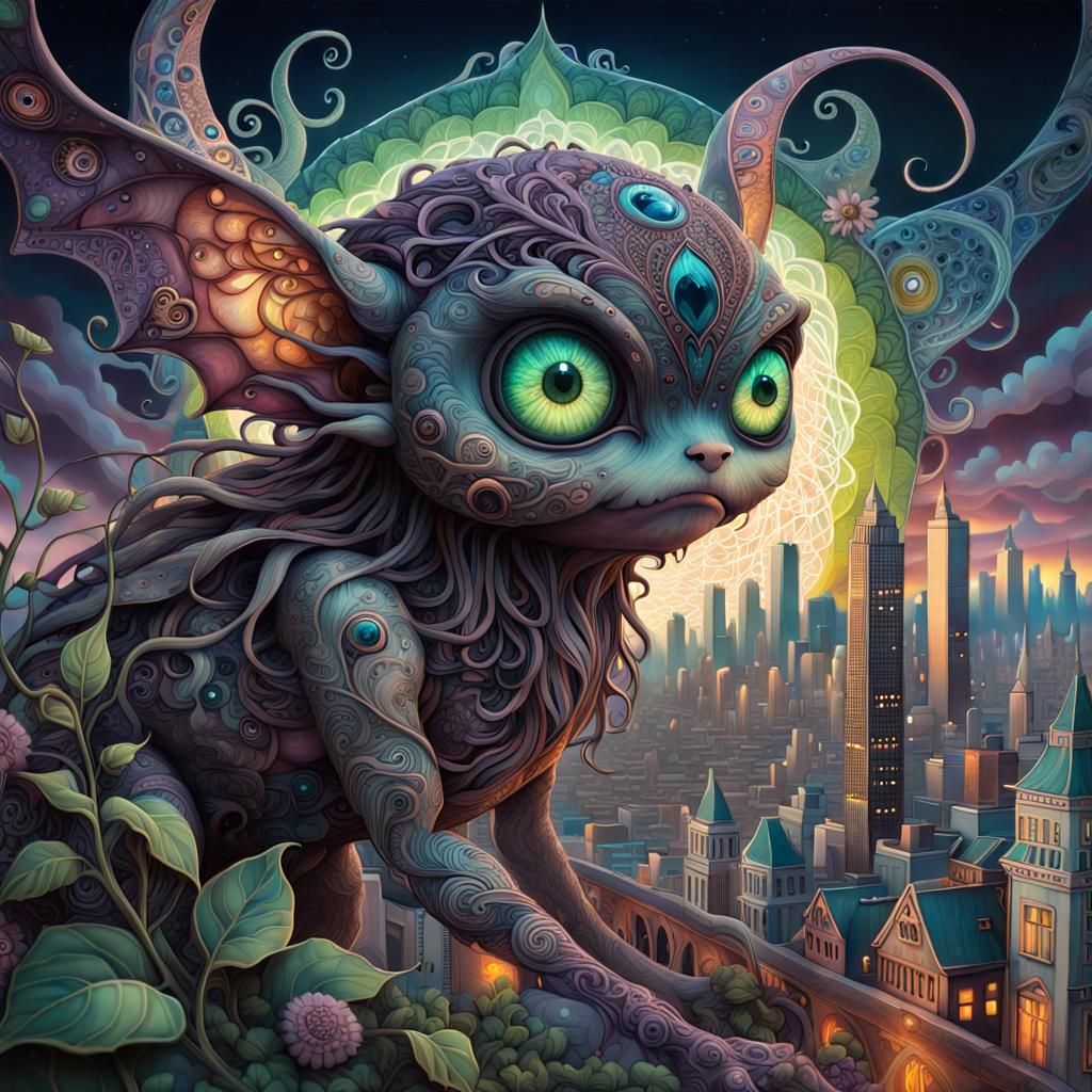 Eldritch Doodle Monster in Fantastical Cityscape