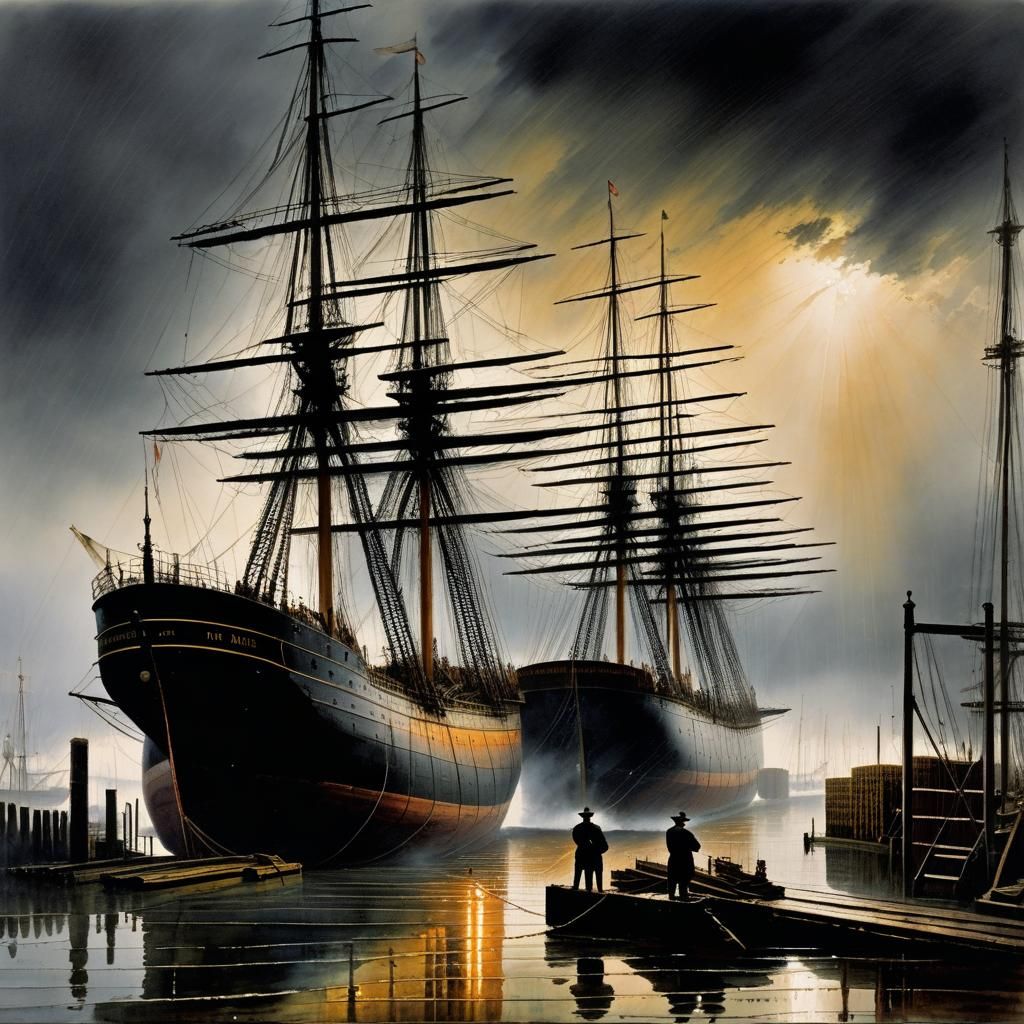 Victorian Dockside Timber Unloading in Watercolor Style