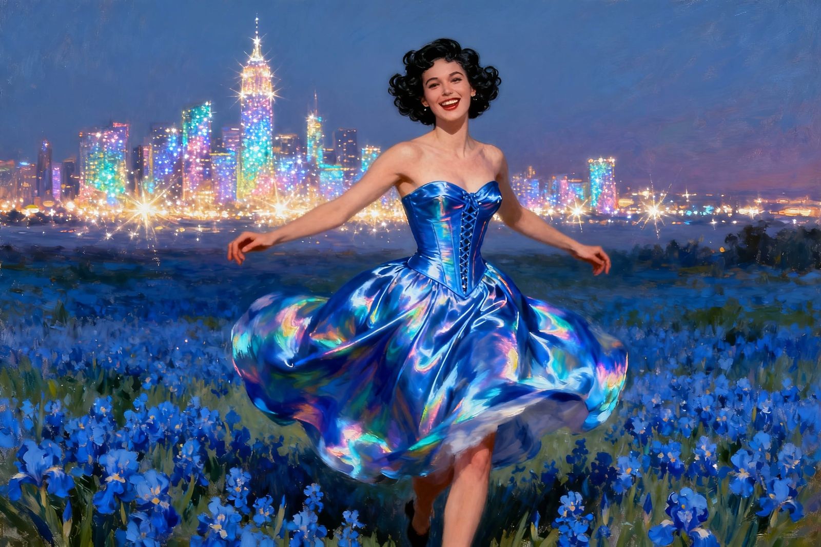 Impressionist Painting of Woman in Iridescent Dress in Flowe...