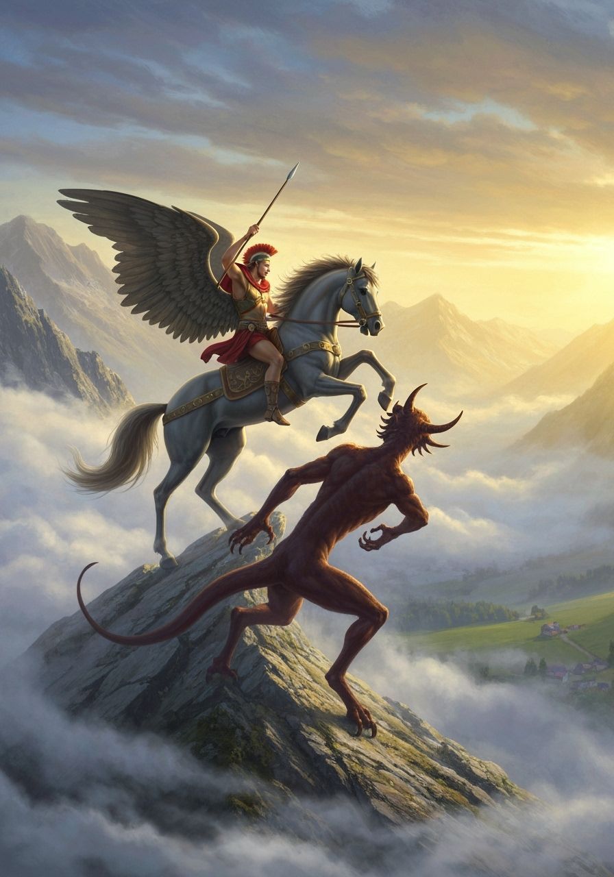 Bellerophon Battles Chimaera on Pegasus, Ethereal Fantasy Ar...