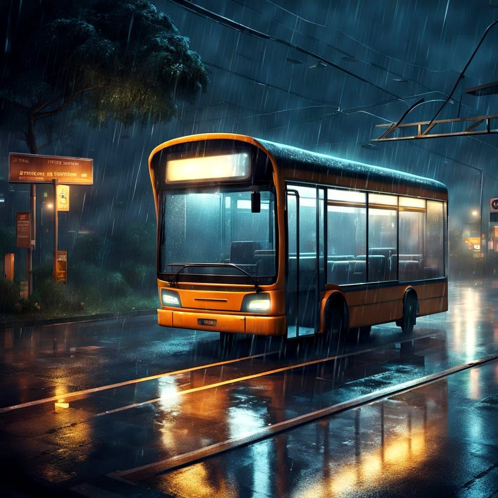 Night Bus Stop in Heavy Rain - Digital Matte Painting