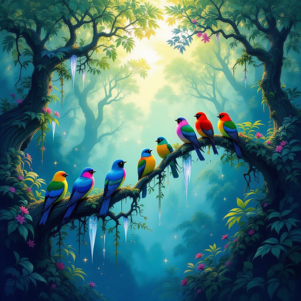 Jewel-Toned Birds in Surreal Gravity-Defying Forest