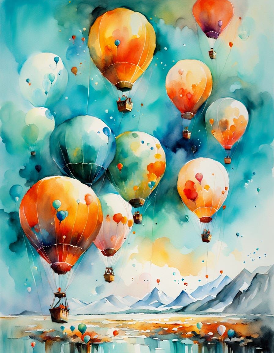 Watercolor Balloons Over Arctic Landscape