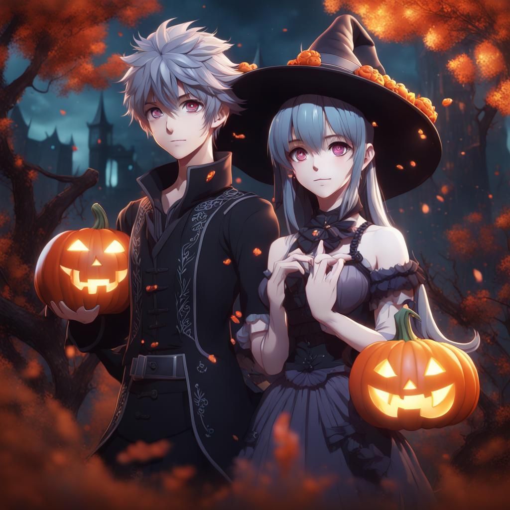 Sweet Anime Couple Celebrates Halloween in Detailed Painting