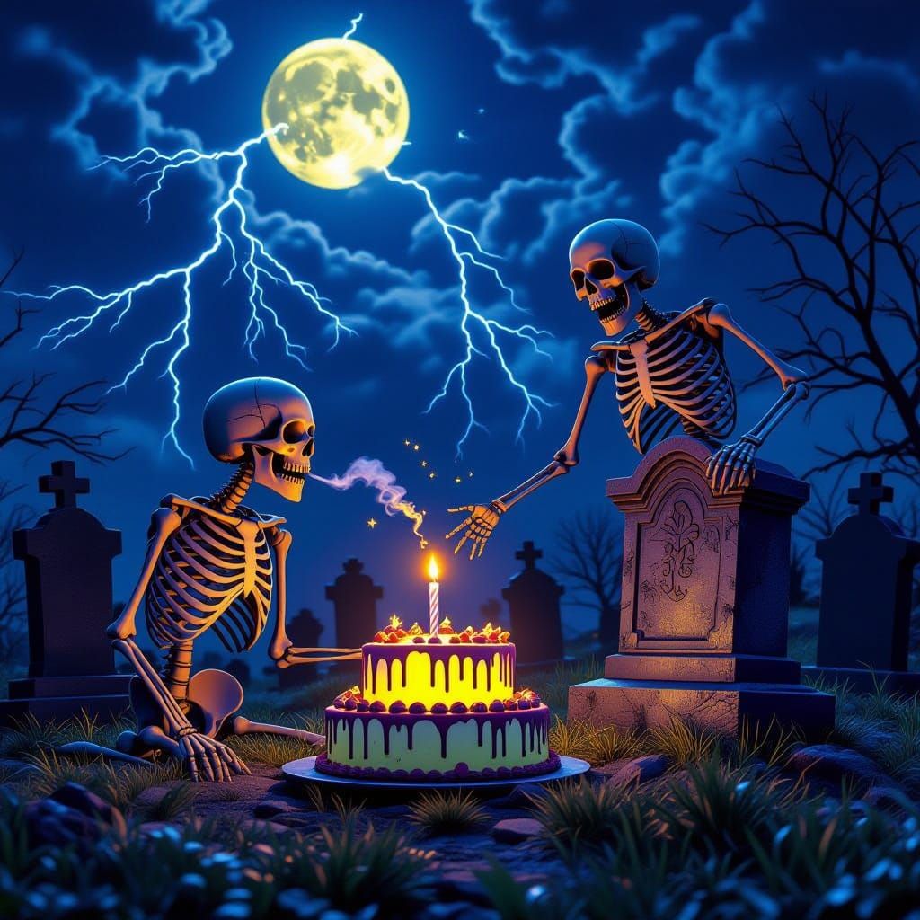 Skeleton Birthday in Haunted Graveyard