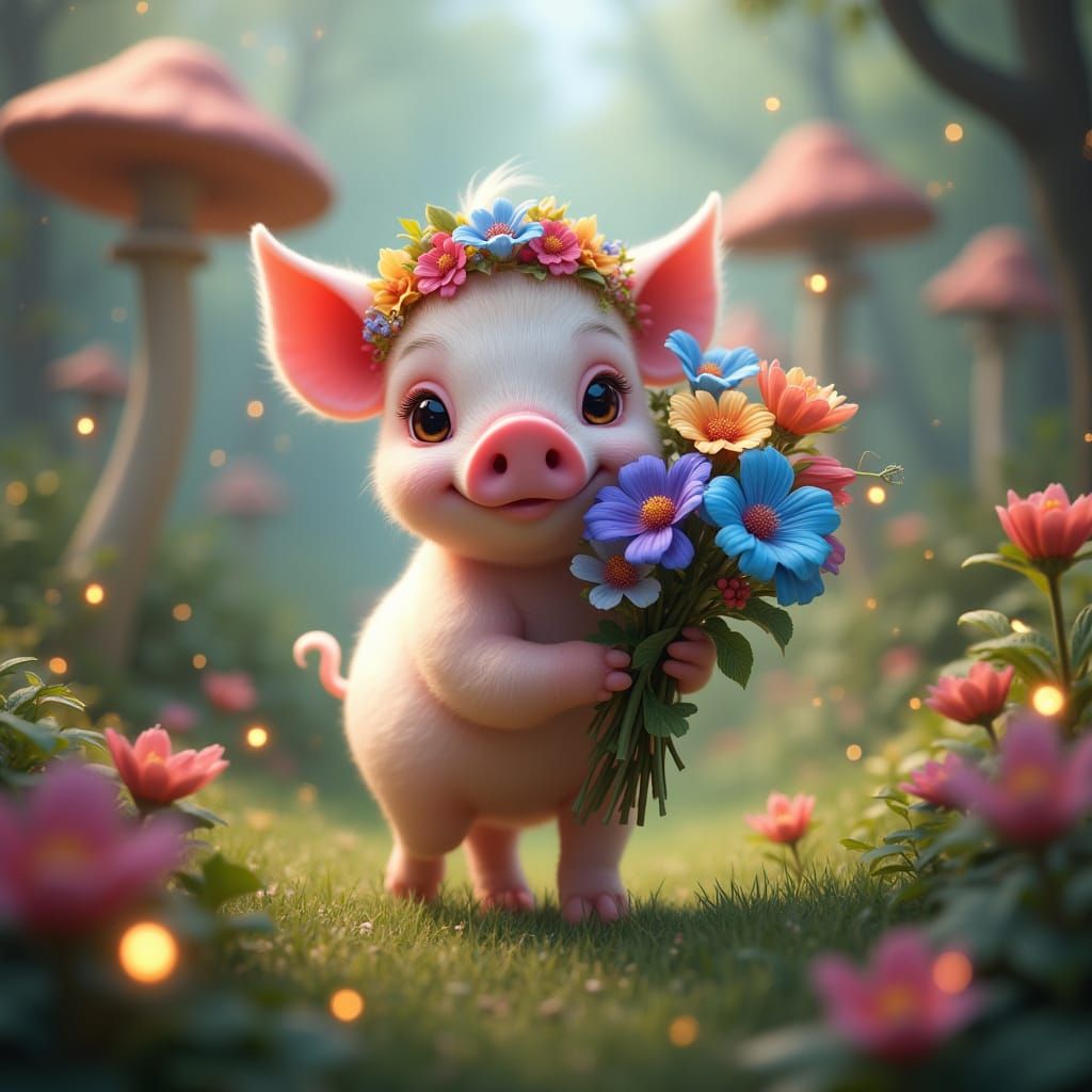 Whimsical Pig in Vibrant Fantasy Garden