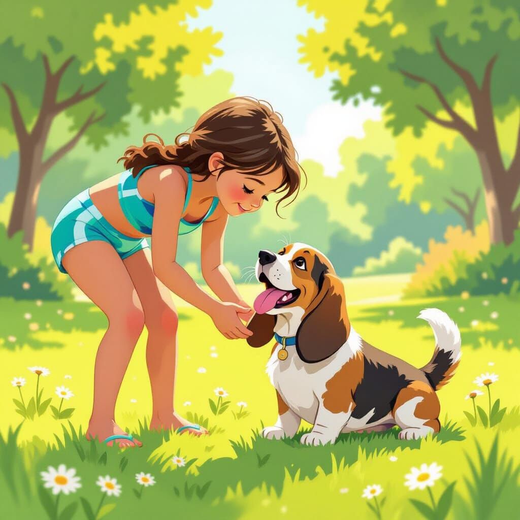 Girl Pats Excited Basset Hound in Sunny Park