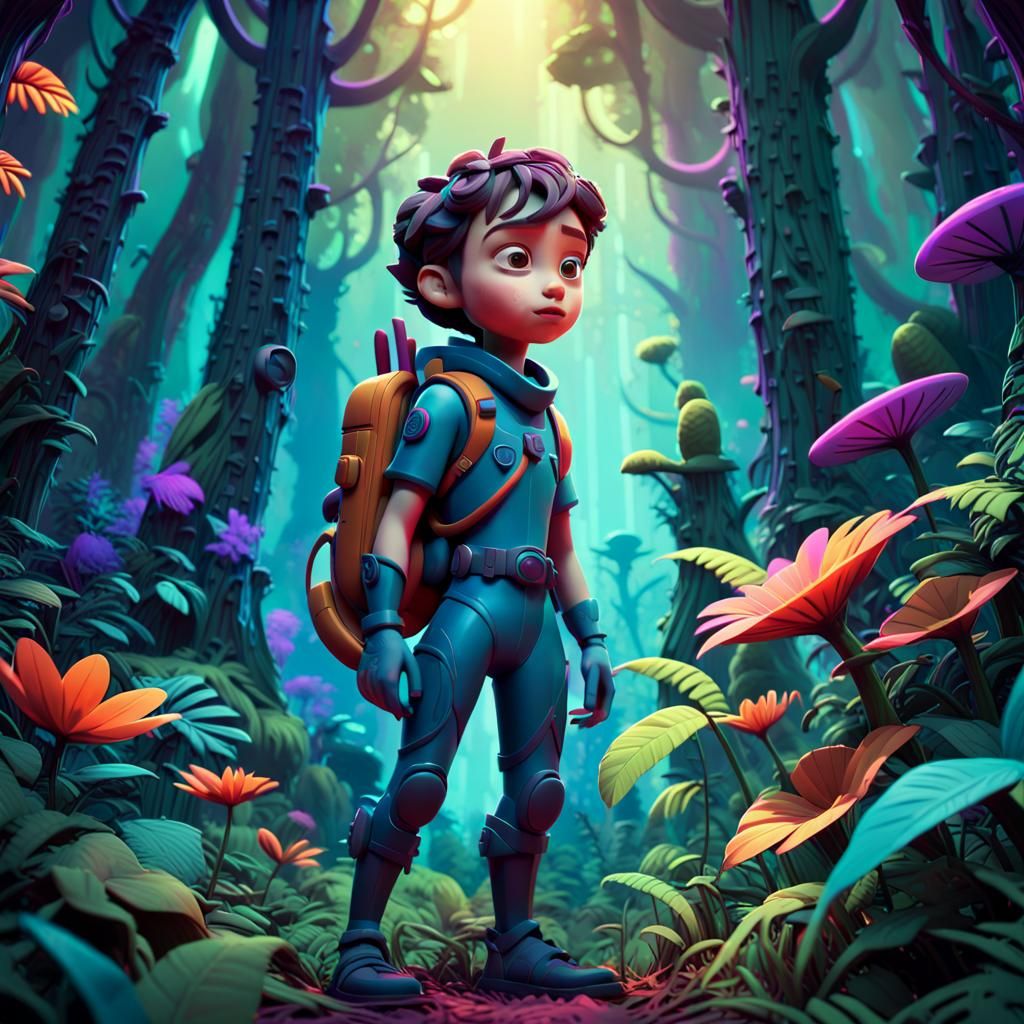 Vibrant Hero Stands Tall in Alien Forest, Inspired by Pixar...