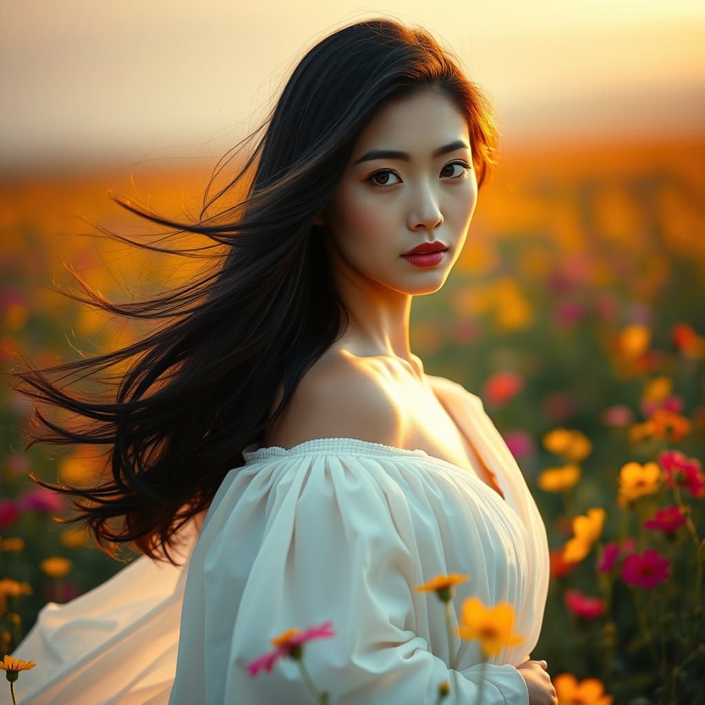 Japanese Woman in Wildflower Field at Dawn