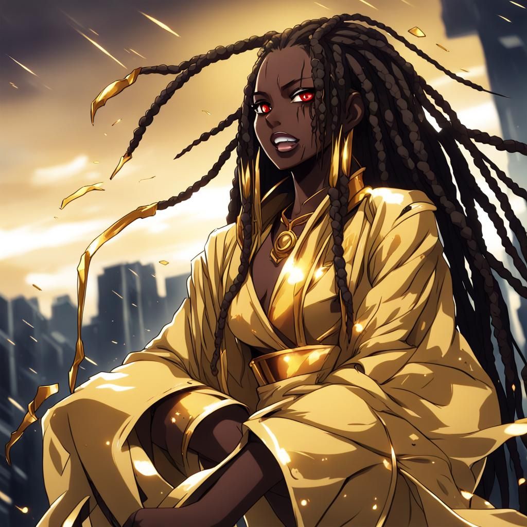 Anime Woman Warrior with Gold Clothes and Dreads