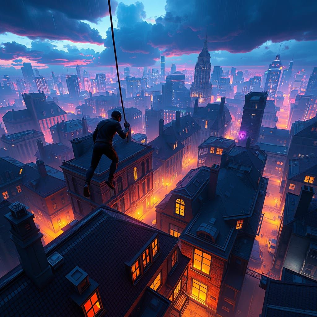 Daredevil Leaping Between Rooftops in Dark Fantasy
