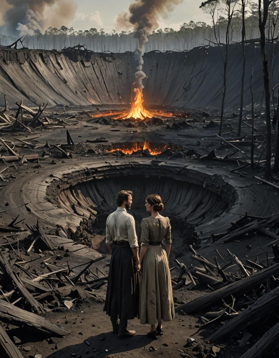Couple in Devastated Landscape: A Poignant Scene