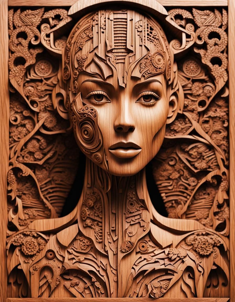 Fairytale Wooden Carving of a Cyborg Woman