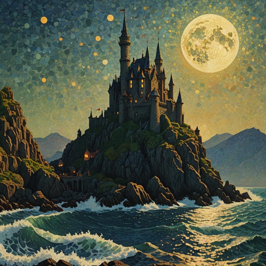 Chaotic Moon Castle Seascape in Pointillist Style