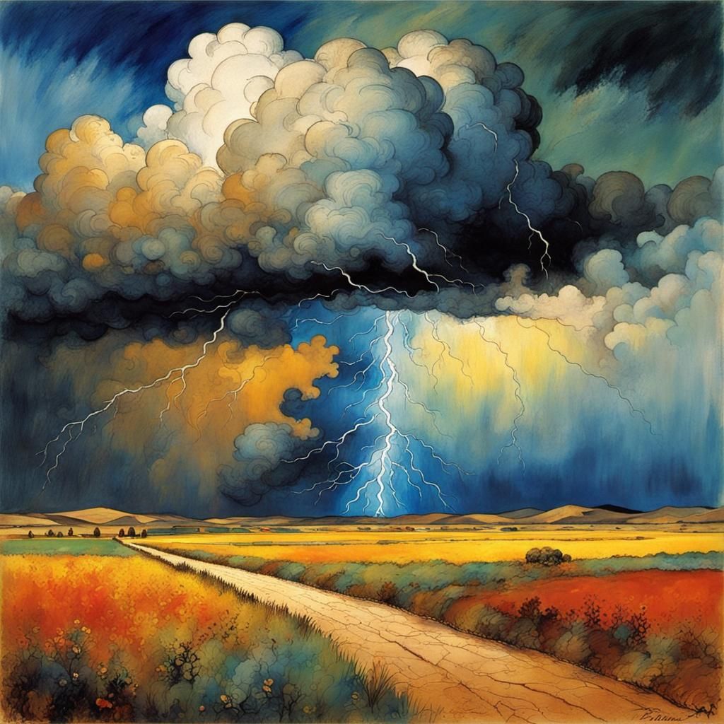 Stormy Countryside Landscape in Alcohol Ink Style