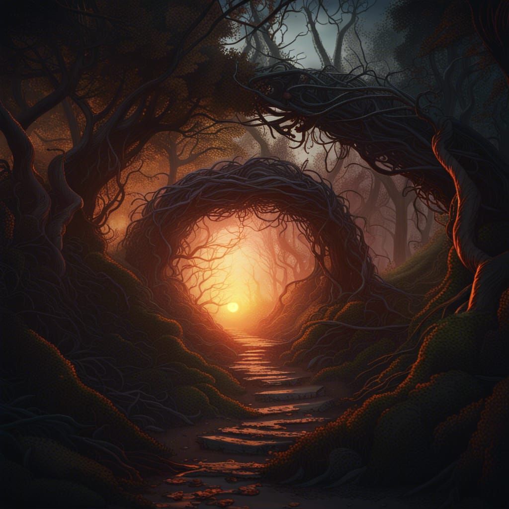 Creepy Forest Path at Sunset: Dark Fantasy Art