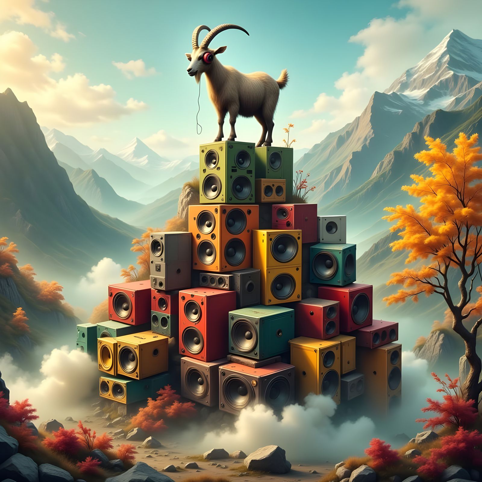 Hyperreal Mountain Goat on Speaker Box Pyramid