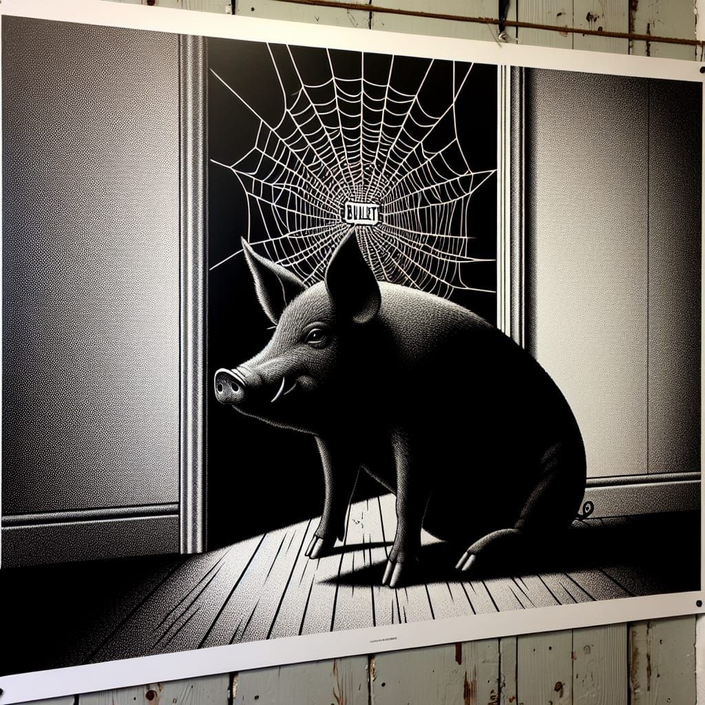 Black Pig in Doorway with 'BULLET' Spiderweb