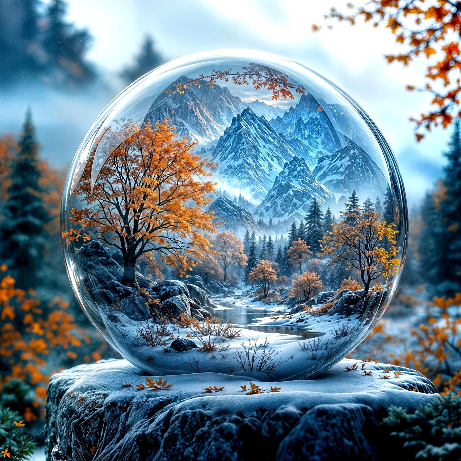 Ethereal Crystal Globe Blending Autumn and Winter Worlds