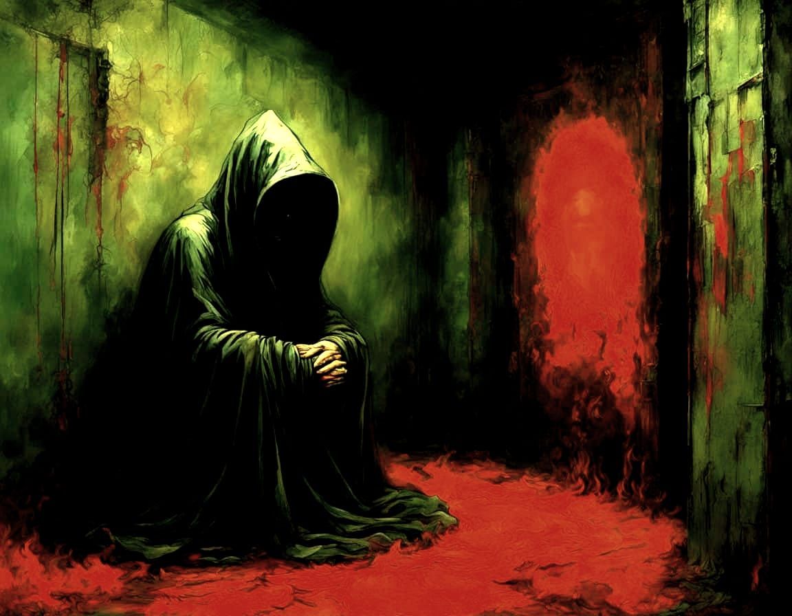 Dark Red-Hued Oil Painting of Hooded Figures in Pain