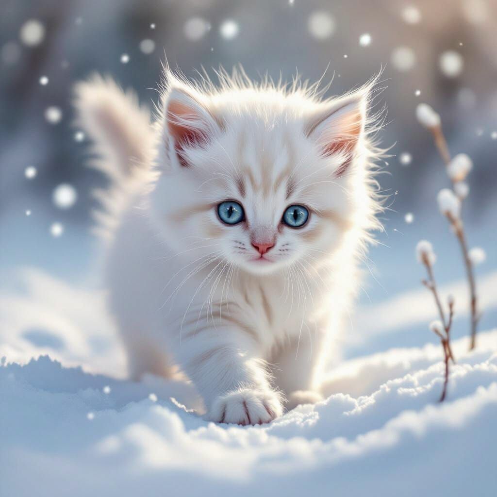 Fluffy White Kitten in Snowy Landscape