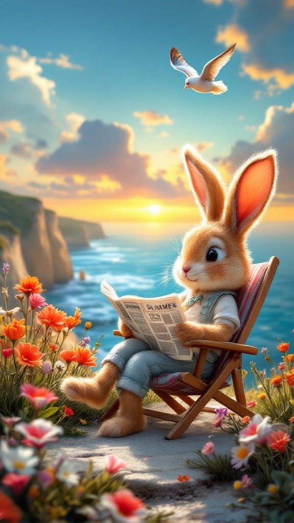 Whimsical Rabbit Seeks Serenity on Cliffside Deckchair