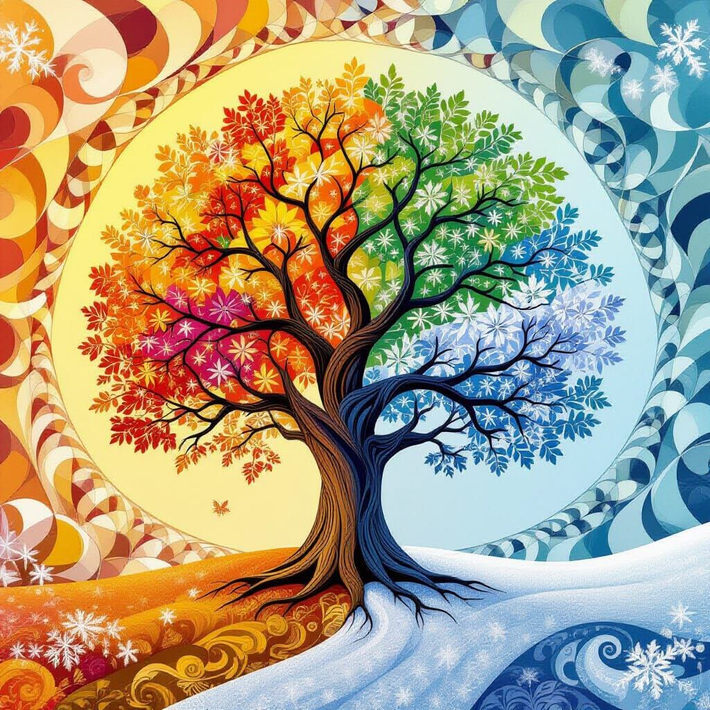 Four Seasons Tree with Zentangle Patterns in Op Art Style