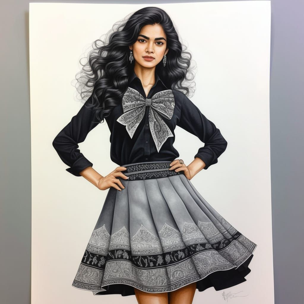 Persian Woman in Gray Skirt, Crayon Art