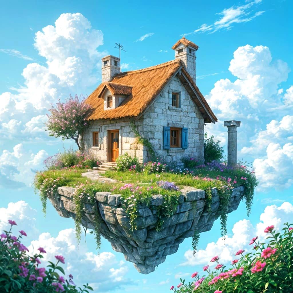 Rustic Cottage on Floating Island with Greek Ruins