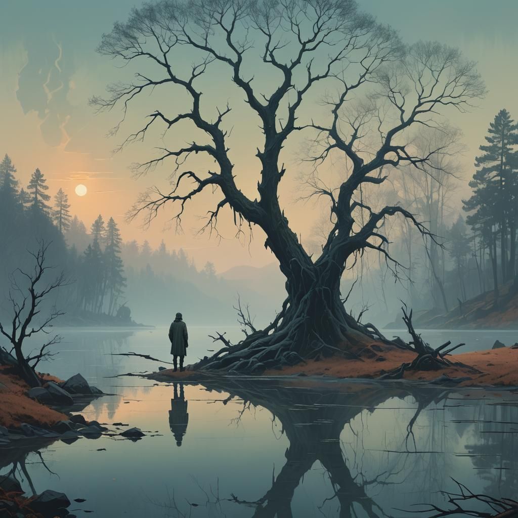 Lonely Figure by Misty Lake in Dreamlike Landscape