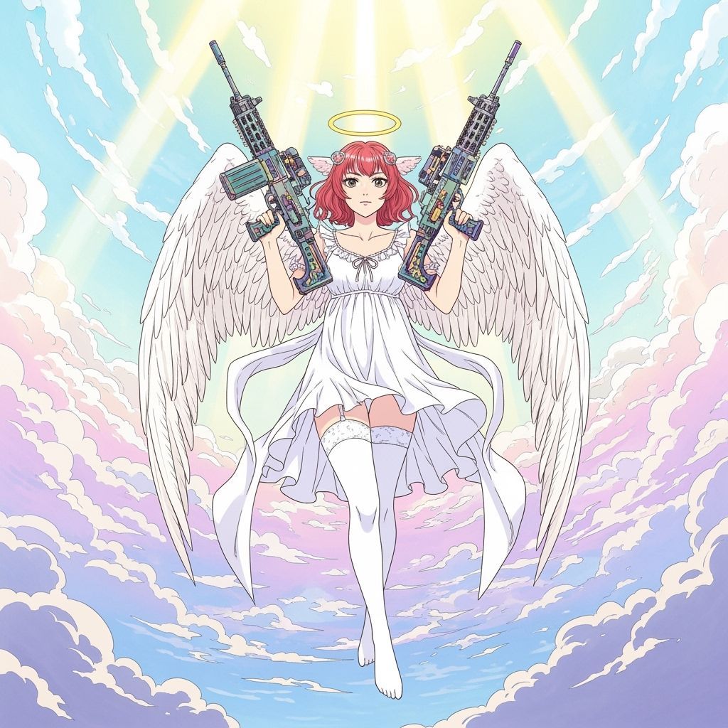 Anime Angel with Machine Gun Soaring in Heaven