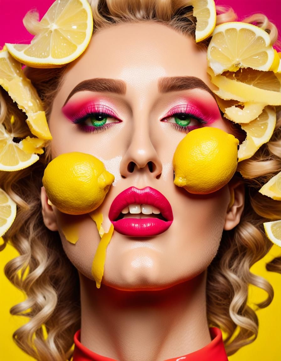 Pop Art Woman with Lemons in 80's Style